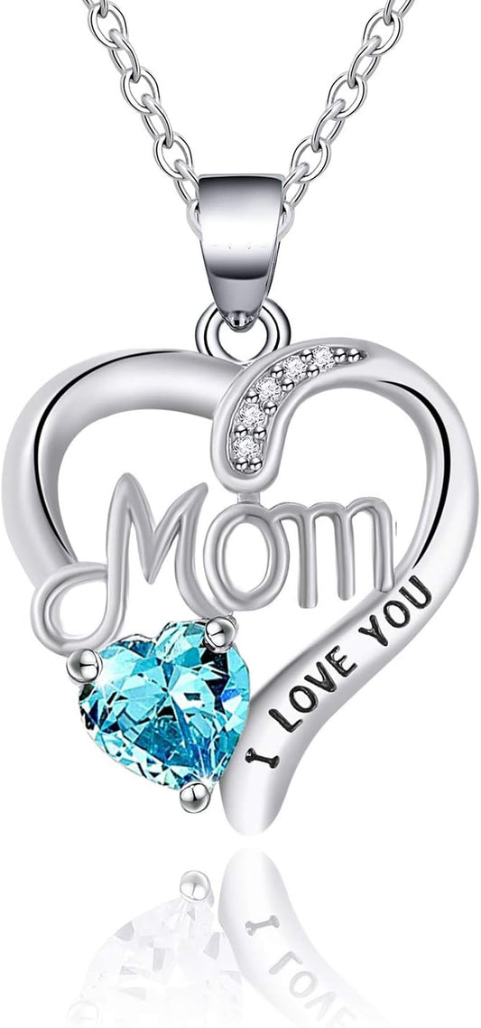I LOVE YOU Mom Birth Stones Necklace, Silver Love Heart Pendant Necklace for Mom, Necklace Gift for Mother with 18''+2'' Chain